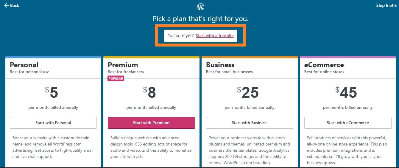 Pilih Plan Hosting. WordPress
